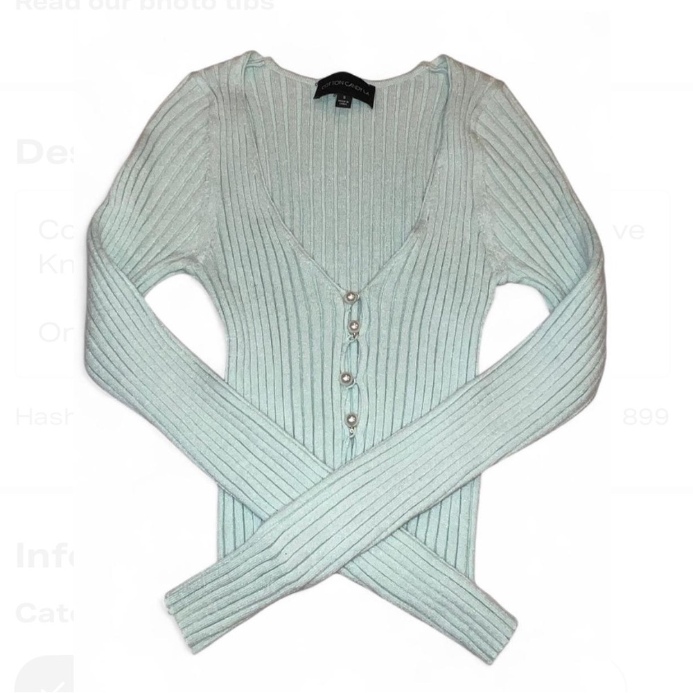 Cotton Candy LA Mint Green Long Sleeve Open Knit Top with Pearl Accents